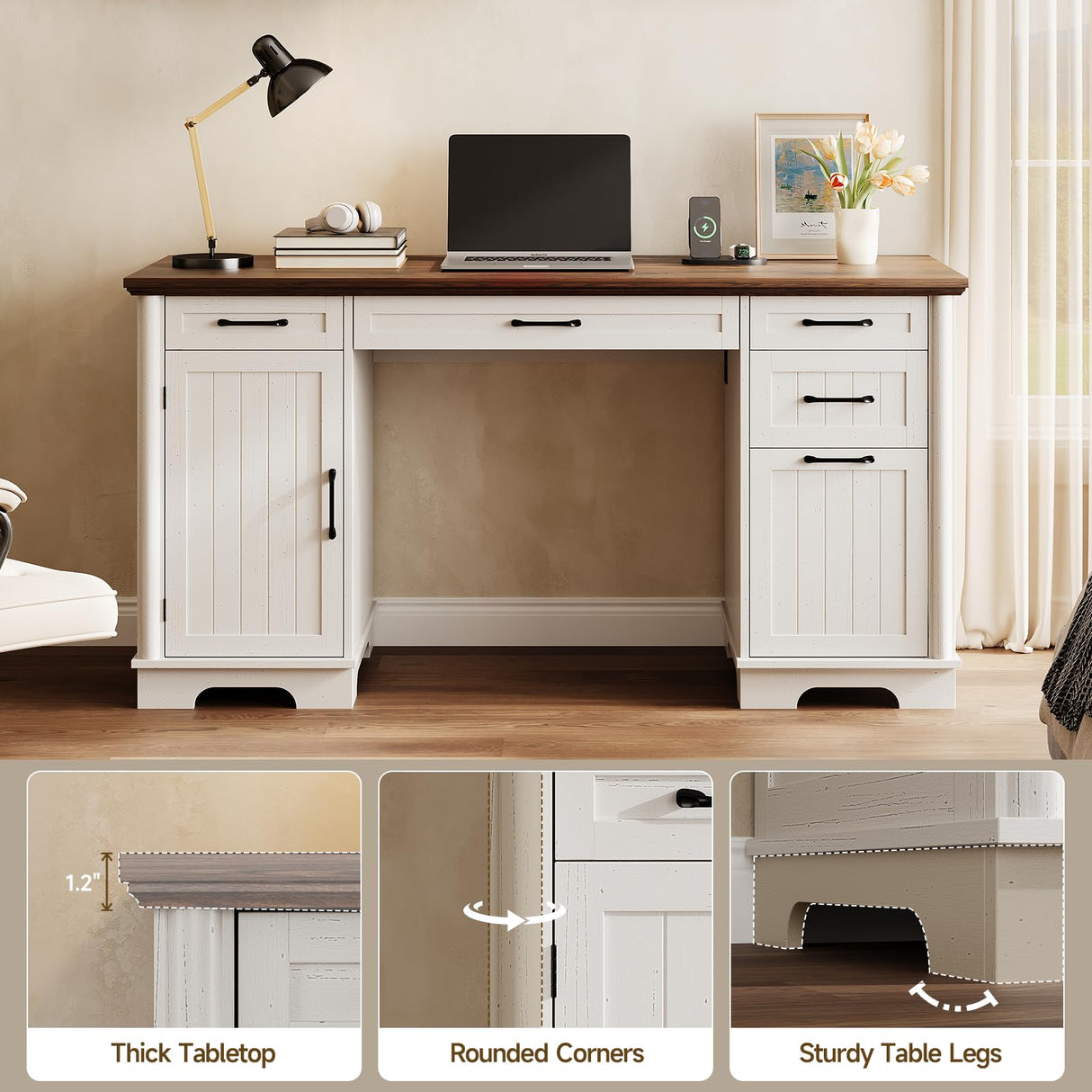 56" Farmhouse Executive Desk with File Drawer, Large Modern Computer Desk with Charging Station, Wood Home Office Desks with Storage, Adjustable Shelf, for Study Work Writing Living Room (White) ONBRILL