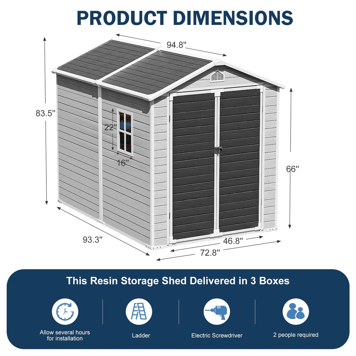 CDCASA 8x6x7 FT Resin Storage Shed, Waterproof Large Outdoor Shed with Floor & Lockable Door & Window & Vents, Plastic Tool Shed for Backyard, Patio, Poolside, Gray CDCASA