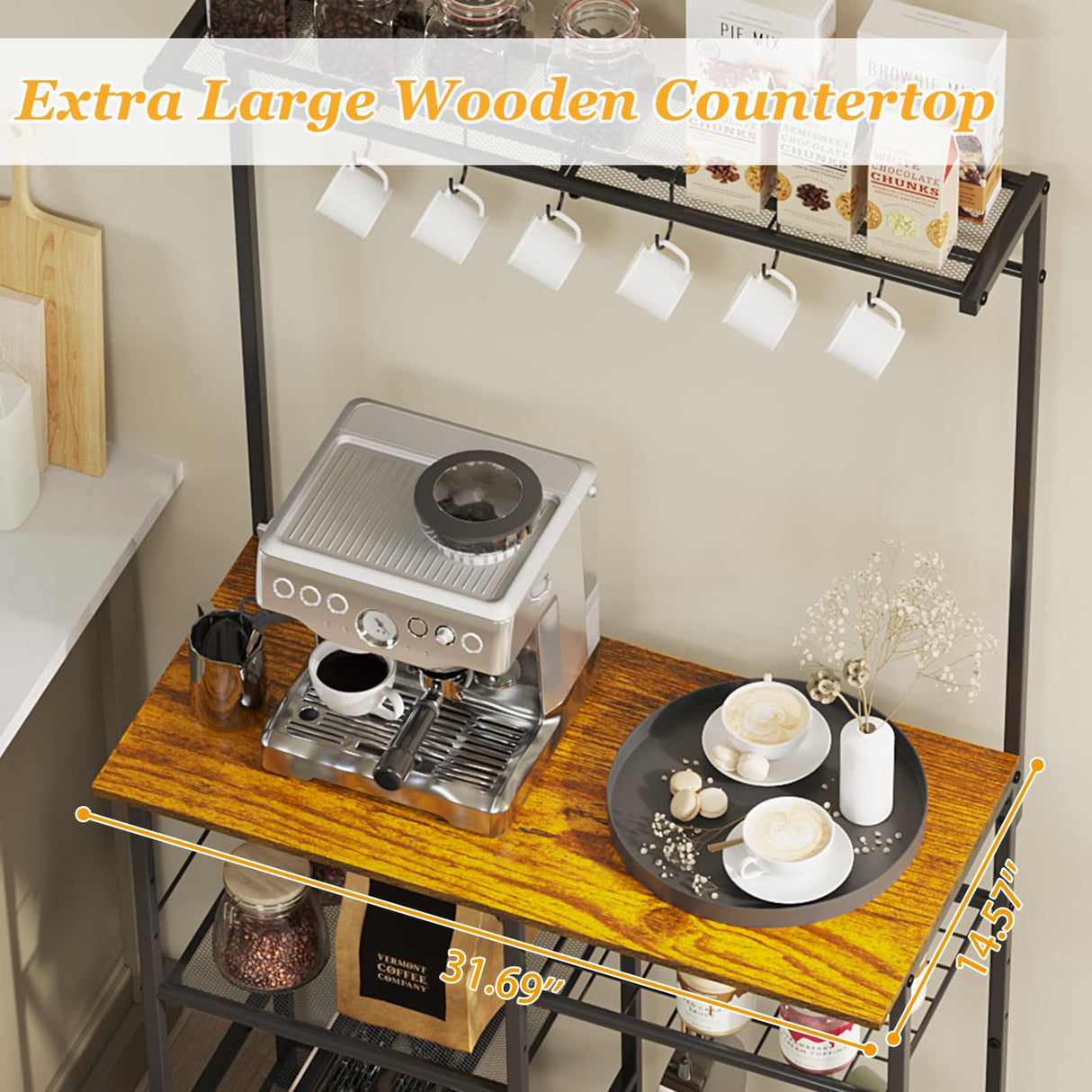 X-cosrack 60" Tall Bakers Racks for Kitchens, Microwave Stand, 4-Tiers Coffee Bar Table,with Adjustable Shelves and 6 S-Hooks,Open Shelf Storage, Kitchen Shelf for Spices, Pot Rack, Rustic Brown X-cosrack