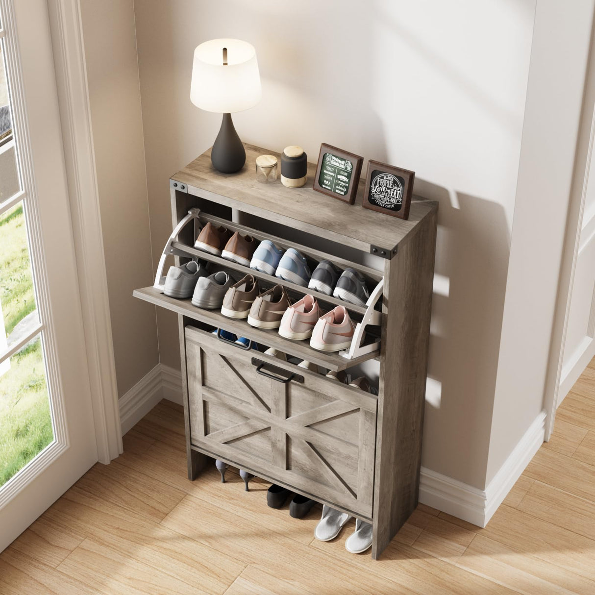 Halitaa Shoe Storage Cabinet for Entryway,Farmhouse Slim Shoe Cabinet with 2 Flip Drawers,Narrow Shoe Rack Cabinet for Entrance Hidden Shoes,Grey Halitaa