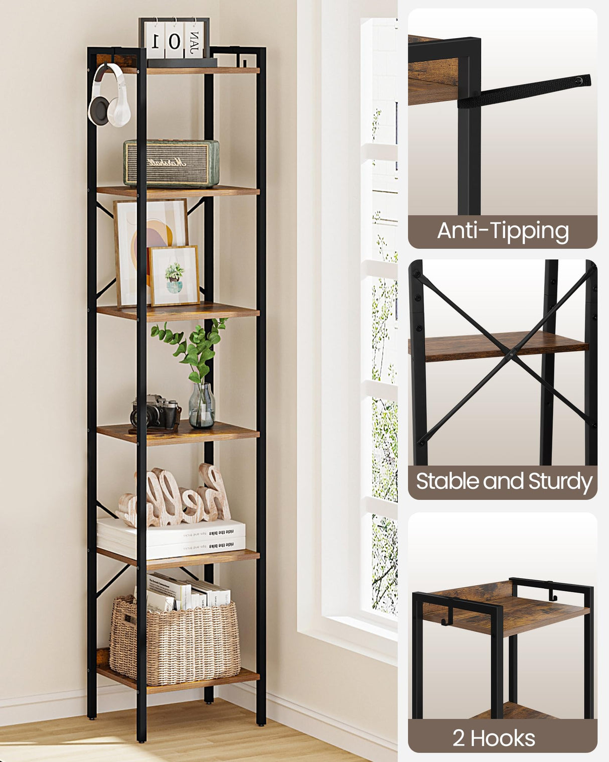 Hzuaneri 6-Tier Rustic Brown Industrial Bookshelf with Hooks for Space-Saving Storage Hzuaneri