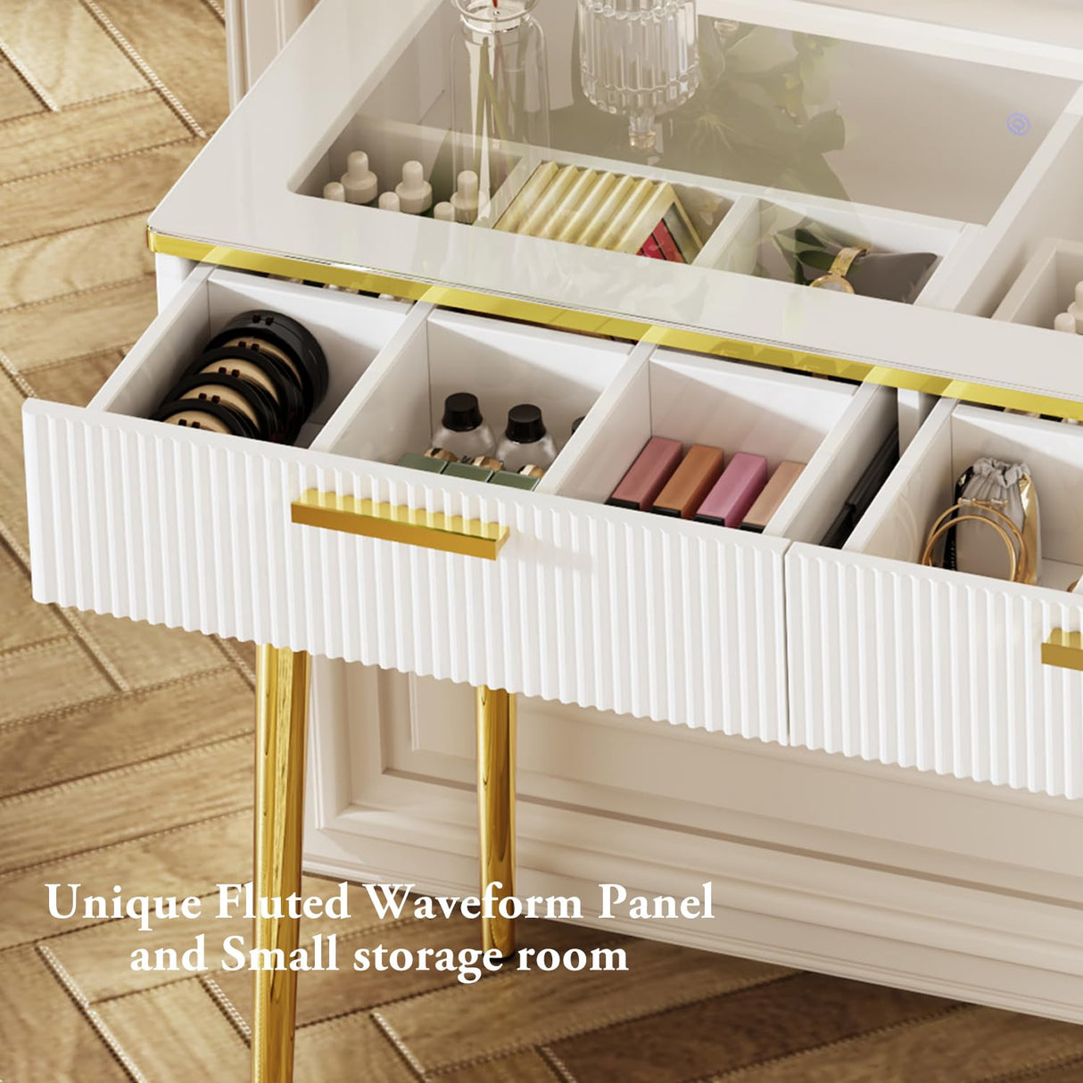 Chrangmay 47.24" Big Modern Vanity Desk with Mirror and Lights,Makeup Vanity Desk with 5 Drawers and Storage Shelves & Power Outlet,Dressing Table with Glass Top, White Chrangmay