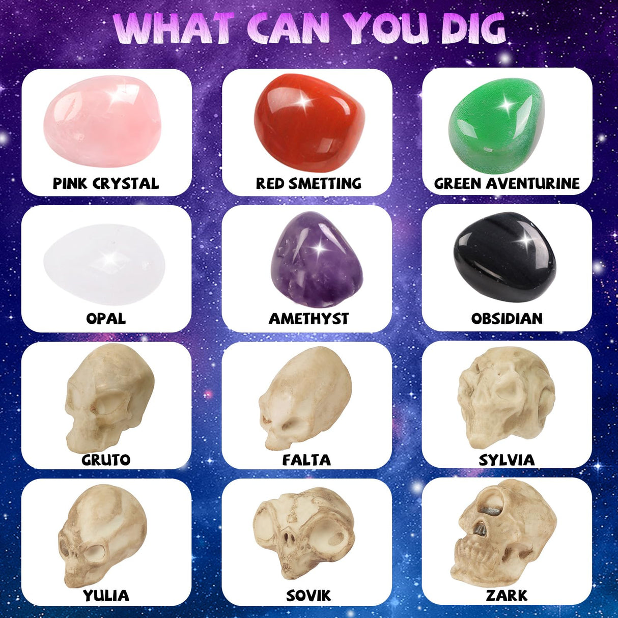 Rileryan Dig Kit, Dig Up 12 PCS Real Gemstones Crystals and Alien Skulls with Dig Tools, Rock Dig Kit Spaceship Explore Discovery Dig Monster for Easter Gifts Rileryan