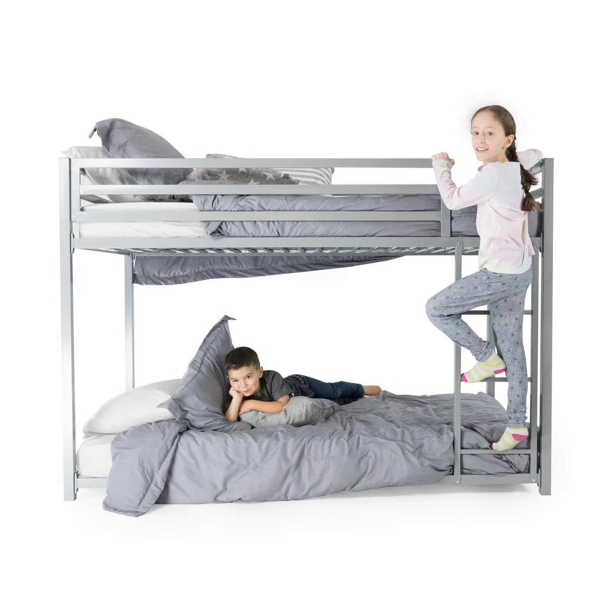 DHP Miles Silver Low Metal Bunk Bed Frame for Kids - Twin Over Twin with Built-in Ladder and High Guardrails DHP