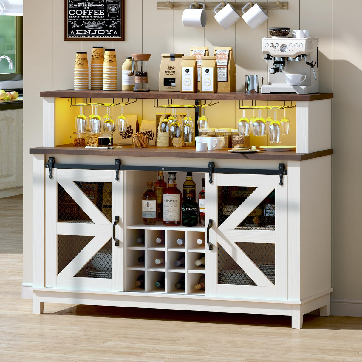 55" Coffee Bar Cabinet with LED Lights, Farmhouse Wine Bar Cabinet for home with wine glass rack, Kitchen Buffet Cabinet with Sliding Door & 4 Tier Storage for Dining Living Room (Antique White) PRETZI