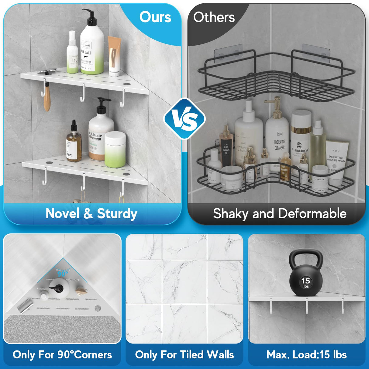 SZWQILIN Corner Shower Shelves, 10" White 304 Stainless Steel Recessed Shelf for Bathroom,Grout in Shelf with Hooks for Tiled Wall 2 Pack (White) SZWQILIN