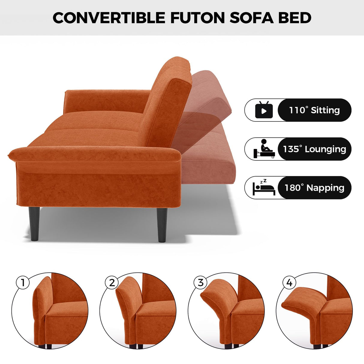 COPIAE 89” Futon Sofa Bed, Comfy Futon Couch Bed with 2 Square Pillows, Convertible Sleeper Sofa with Adjustable Backrest&Armrests, Modern Loveseat Sleeper for Living Room,Velvet Fabric,Burnt Orange COPIAE