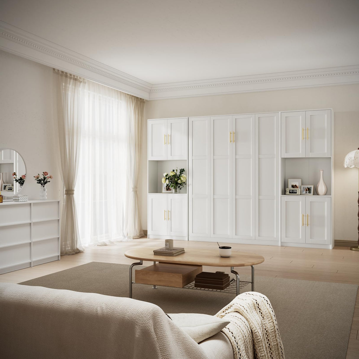 Farmhouse Murphy Bed Queen, 85" Wall Bed Folds to Save Space, Concealed Bed Frame with 2 Storage Cabinets and Wall Mounted Features for Apartment/Office/Guest Room Bobve