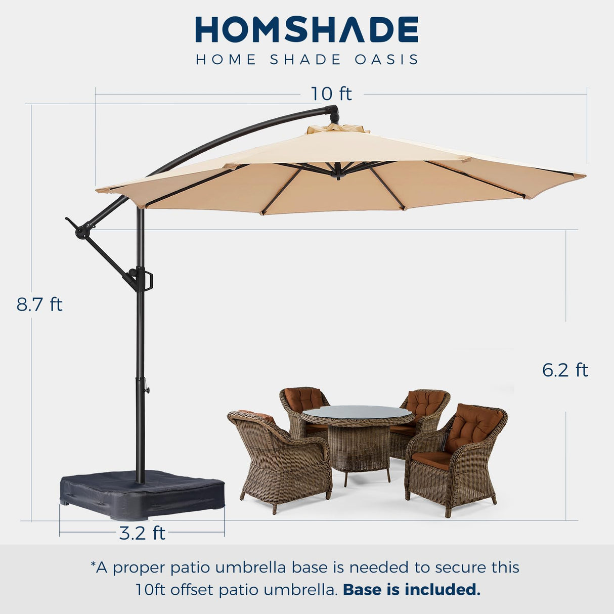 HOMSHADE 10ft Offset Patio Umbrella with Base Included, Cantilever Offset Hanging Patio Outdoor Market Umbrella UPF50+ UV Protection with Easy Tilt and Crank for Pool Deck and Garden (Beige) HOMSHADE