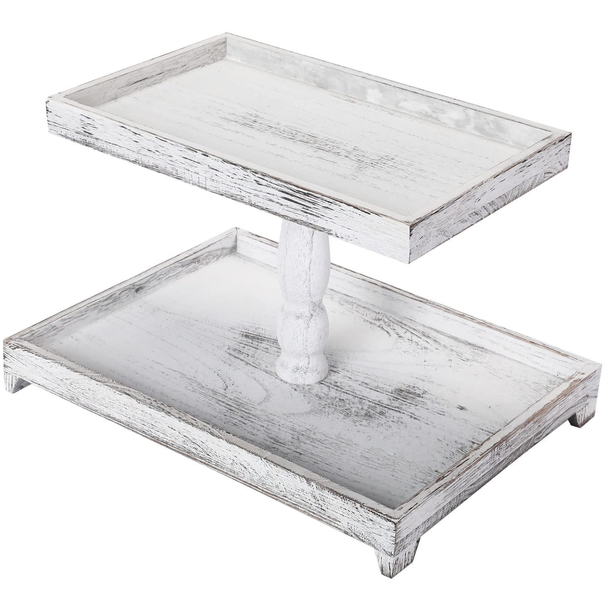 Farmhouse Tiered Tray Stand Wooden Rustic 2 Tier Tray Stand Rectangular Tray Serving Two Tiered Tray Stand for House Kitchen Cake (White) Yalikop