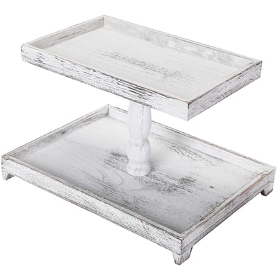Farmhouse Tiered Tray Stand Wooden Rustic 2 Tier Tray Stand Rectangular Tray Serving Two Tiered Tray Stand for House Kitchen Cake (White)