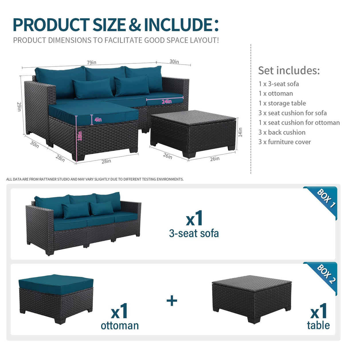 Rattaner Outdoor Furniture Set 3 Pieces Wicker Patio Furniture Outdoor Sectional Patio Couch Outdoor Coffee Table with Storage All-Weather No-slip Cushions Waterproof Covers, Peacock Blue Rattaner