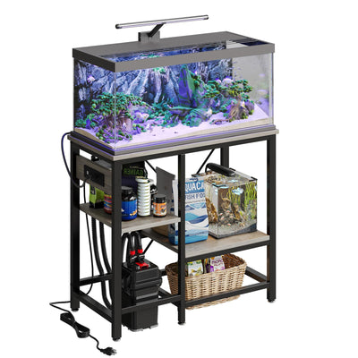 Becuddler 20/30/37 Gallon Fish Tank Stand with Charging Station, 30.7 x 13.8 Metal Aquarium Stand with 3-Tiers Adjustable Storage Shelves, 6-Legs Reptile Terrarium Stand, 400 LBs