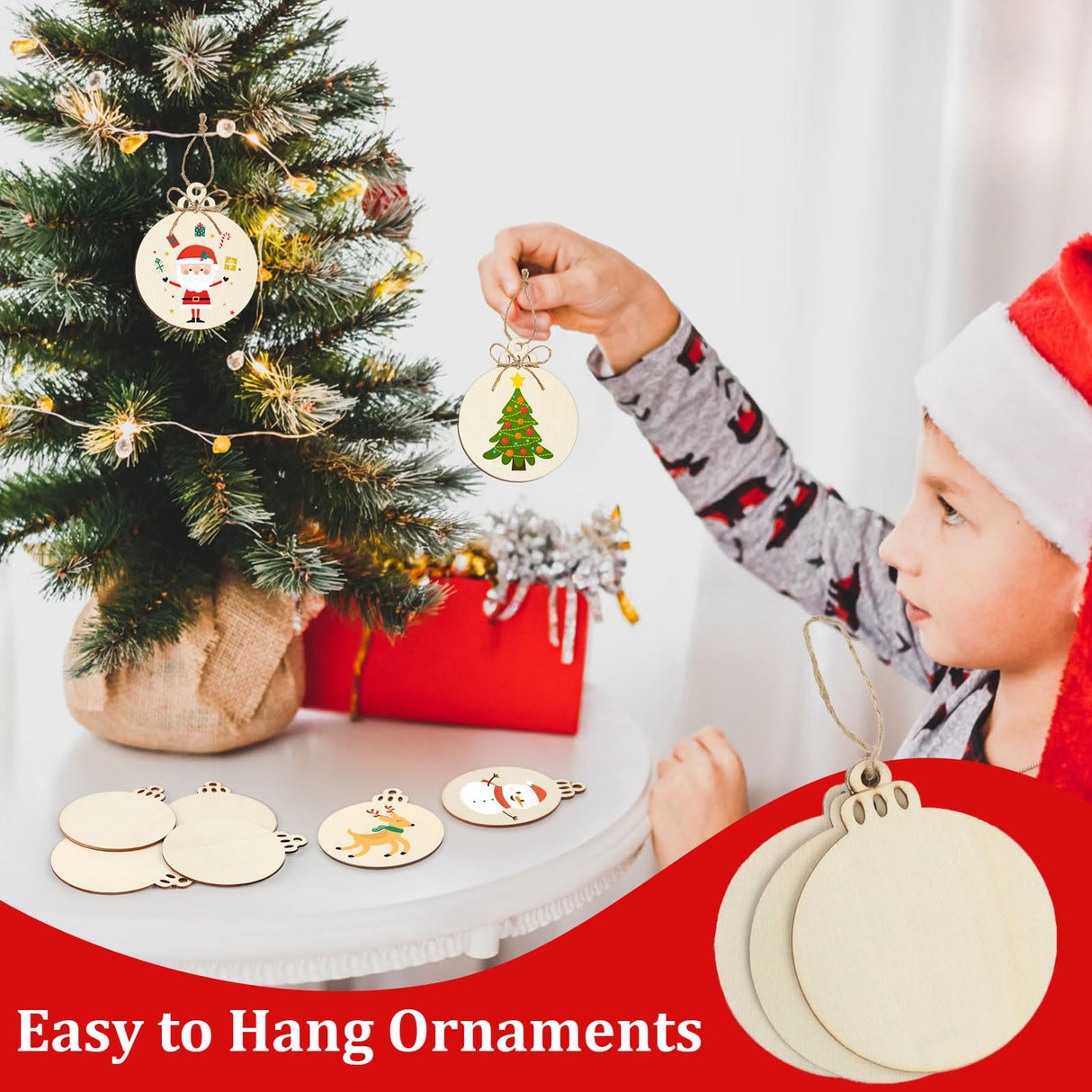 50 PCS Wooden Christmas Ornaments, 3 Inch DIY Wood Ornament for Crafts, Unfinished Wood Ornament to Paint, Blank Round Wooden Ornaments, Make Your Own Paintable Wood Slice MOWPOG