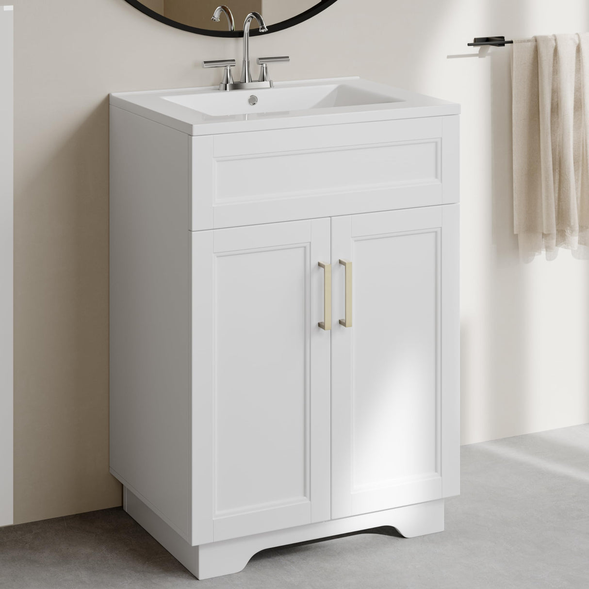 OLD CAPTAIN Bathroom Vanity with Ceramic Sink, Wooden Double Door Bathroom Storage Vanity with 24 Inch, Milky White Finish OLD CAPTAIN