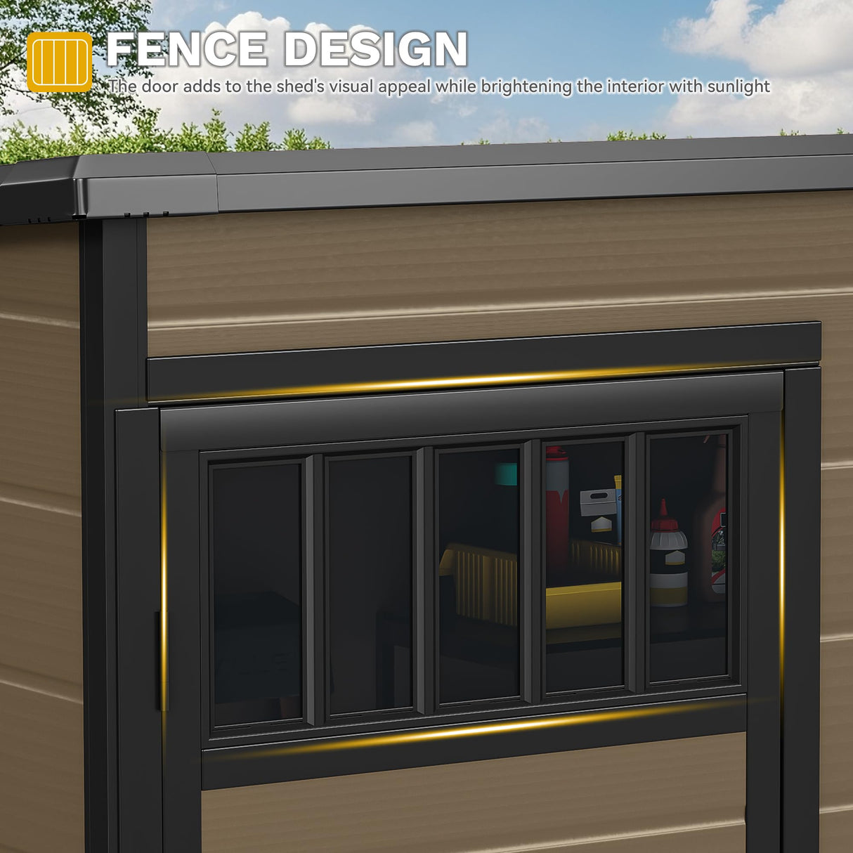 DWVO 5x3FT Outdoor Storage Shed with Fence-Style and Side Windows, Floor, Lockable Doors, Plastic Storage for Backyard and Garden, Brown DWVO