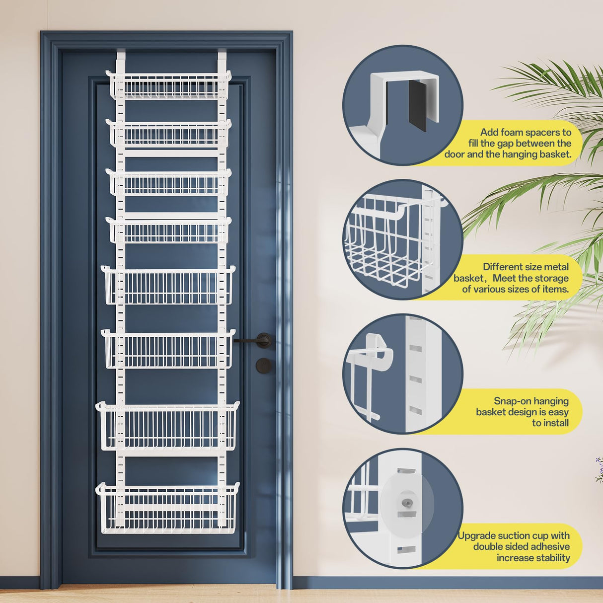 Over The Door Pantry Organizer, 8-Tier Over The Door Organizer with Adjustable Baskets, Metal Hanging Spice Rack for Pantry Organizers and Storage, Suitable for Kitchen Laundry Room & Bathroom, White MSERCUOR