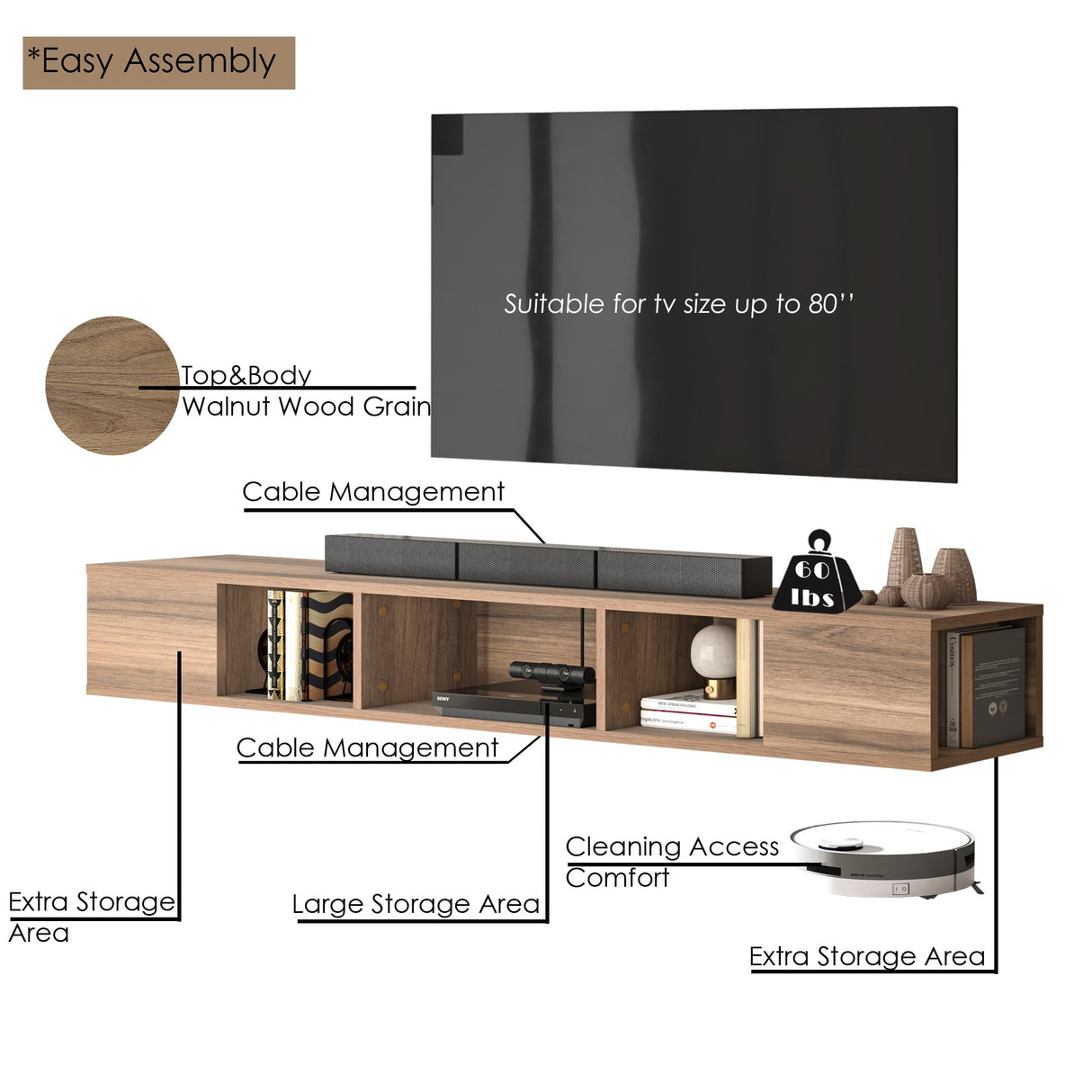 Atelier Mobili Modern Floating TV Stand Wall Mounted, Wall Mounted Entertainment Center, Modern TV Console, Walnut Color, TV Floating Shelf, ATELIER MOBILI THE LEADER OF THE INTERCHANGEABLE FURNITURE