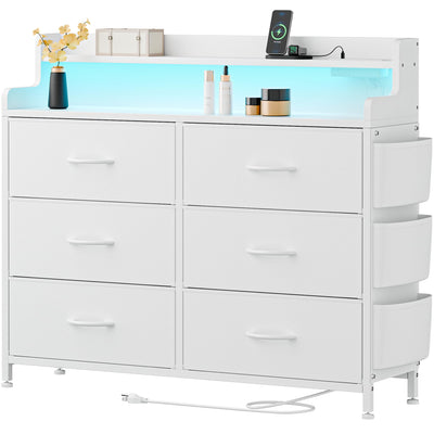 Lulive White Dresser for Bedroom 6 Drawers - Fabric Dressers for Bedroom with LED Light & Charging Station - Adults Chest of Drawers for Living Room Hallway Closet (White)