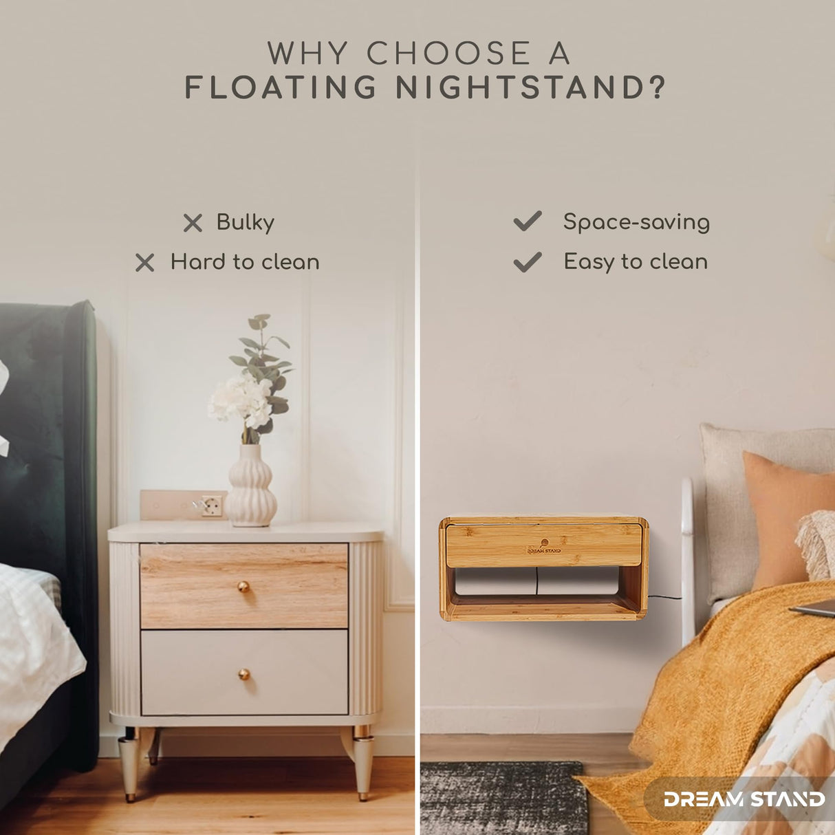 Floating Nightstand with Drawer & Charging station/Wall Mounted Bedside Table, Floating Shelf Nightstands for Small Spaces/Modern Bamboo Wall Mounted Night stand for Bedroom & Living Room/Easy Install Generic