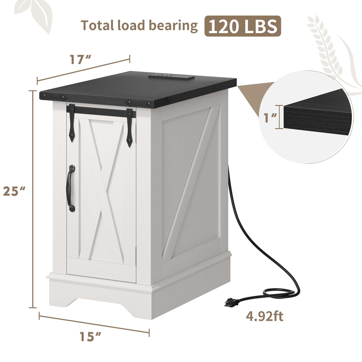 EnHomee End Tables with Charging Station,25" Farmhouse Wood Nightstand with Barn Door,Large Sofa Side Table with Adjustable Storage Shelf for Bedroom,Drawing Room,Hallway,Antique White EnHomee