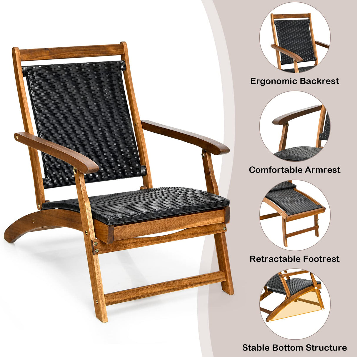 RELAX4LIFE Patio Chaise Lounge Chair - Acacia Wood Folding Rattan Wicker Chair w/Retractable Footrest, Space-Saving Ergonomic Deck Chair for Garden, Poolside, Patio RELAX4LIFE