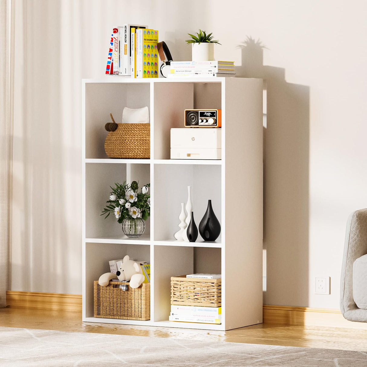 COMHOMA 6 Wood Cube Storage Organizer with Open Back and Removable Back Panels, 11In White Cube Storage Bookshelf, Cubicle Shelf Bookcase for Home Office Bedroom Living Room, Vertical or Horizontal COMHOMA