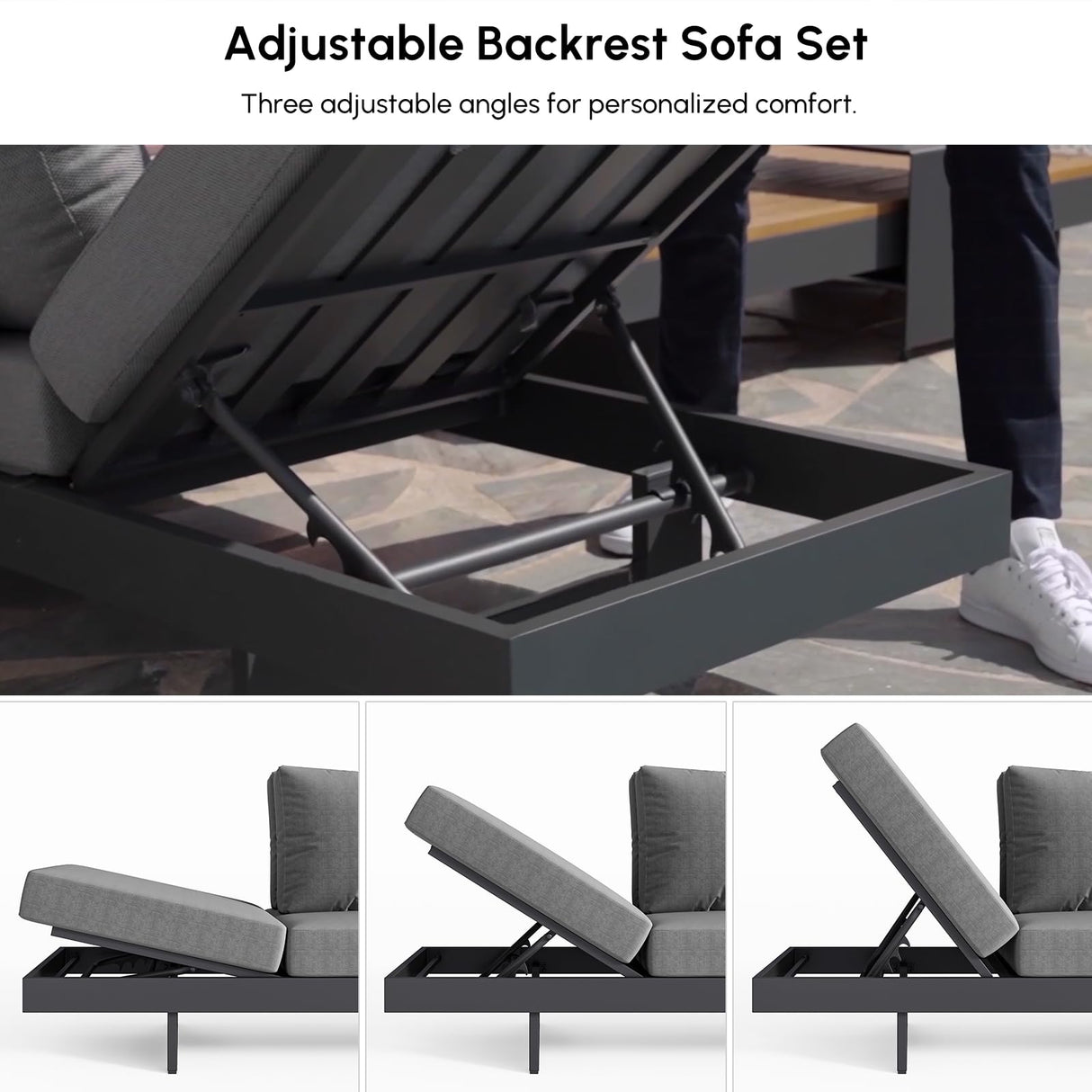 homary Outdoor Patio Conversation Sets, 6 Piece Aluminum & Teak Patio Sectional Sofa Set Outdoor Furniture with Adjustable Backrests, Waterproof, Fade Resistant Cushions Ideal for Patios & Balconies homary