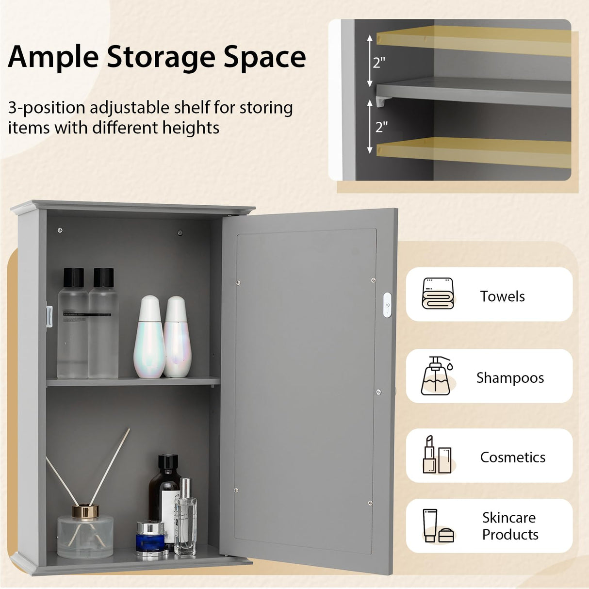 Tangkula Bathroom Medicine Cabinet with Mirror, Wall Mounted Single Mirror Door Storage Cabinet w/Adjustable Shelf, Wall Cabinet w/Reversible Door for Bathroom Living Room Hallway (Grey) Tangkula