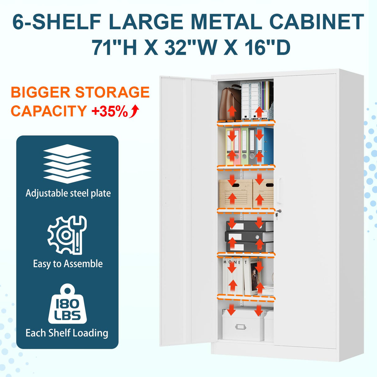 MIIIKO Metal Storage Cabinet with Lock, 72” Steel Storage Cabinet with 2 Doors and 5 Adjustable Shelves, for Office, School, Pantry and Kitchen MIIIKO