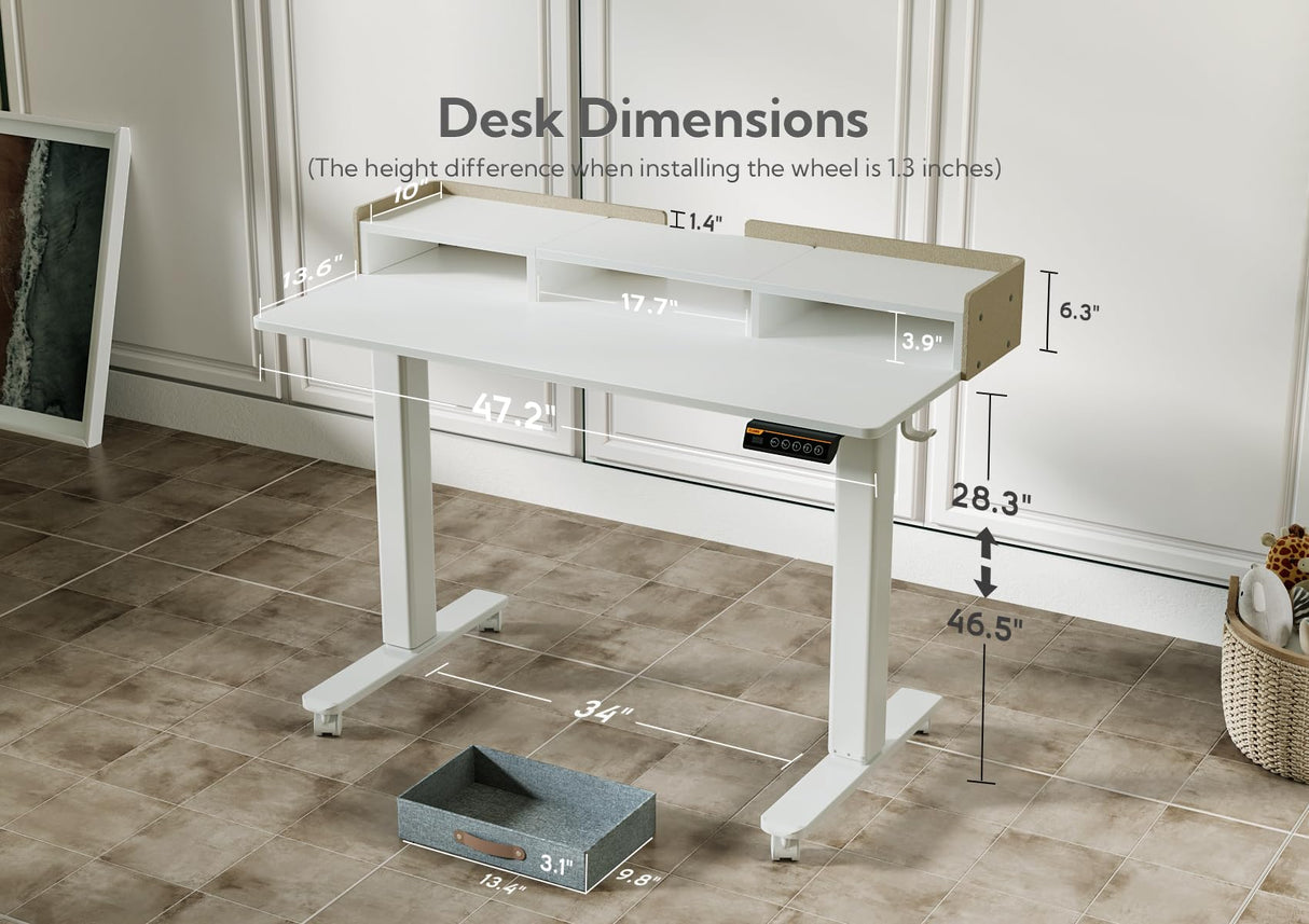 Claiks Standing Desk with Drawers, Stand Up Electric Standing Desk Adjustable Height, Sit Stand Desk with Storage Shelf and Splice Board, 48 Inch, White Claiks