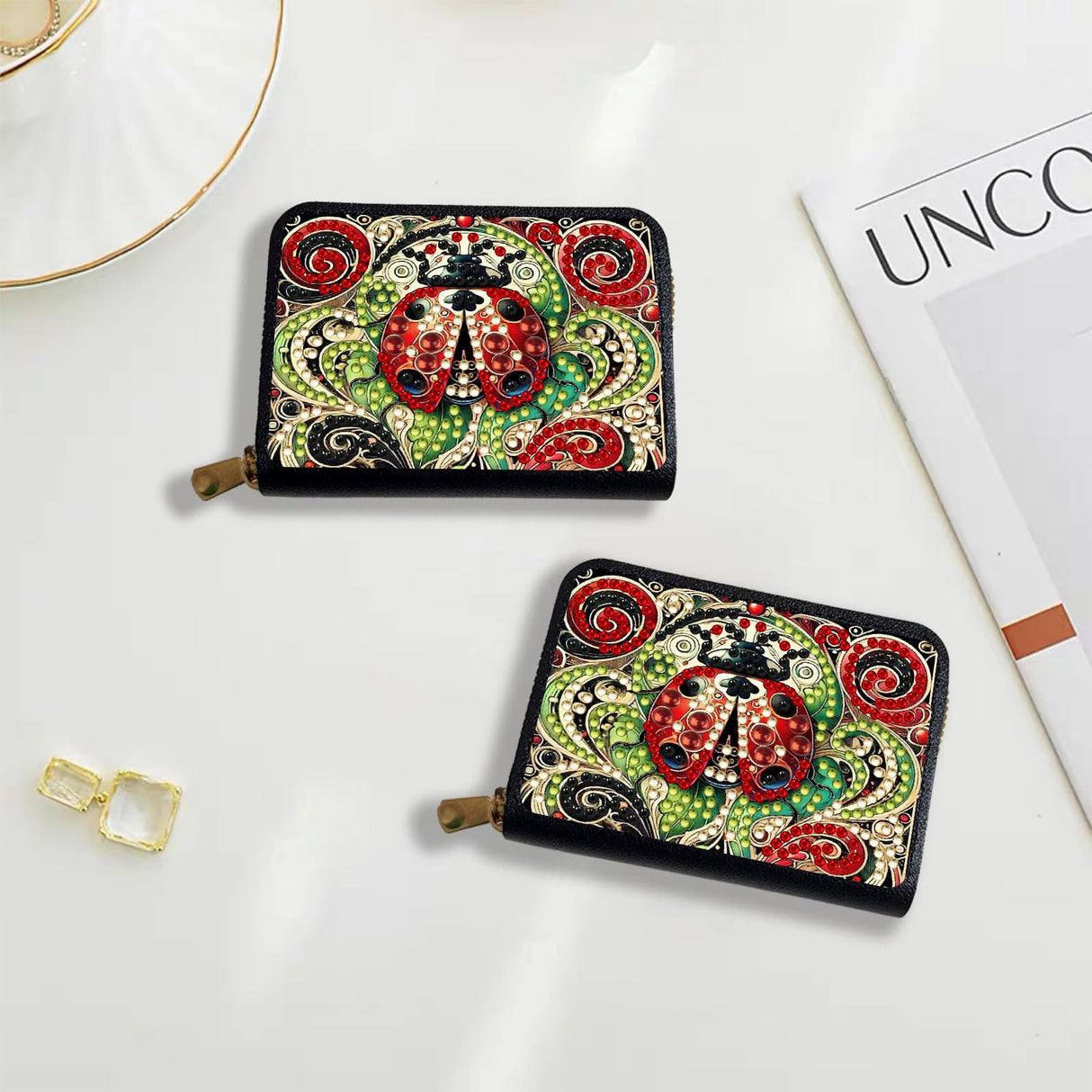 DoxQcs Anti-demagnetization Coin Card Holder, DIY Diamond Art Painting Leather Zipper Card Case Wallet-Ladybird-2 DoxQcs