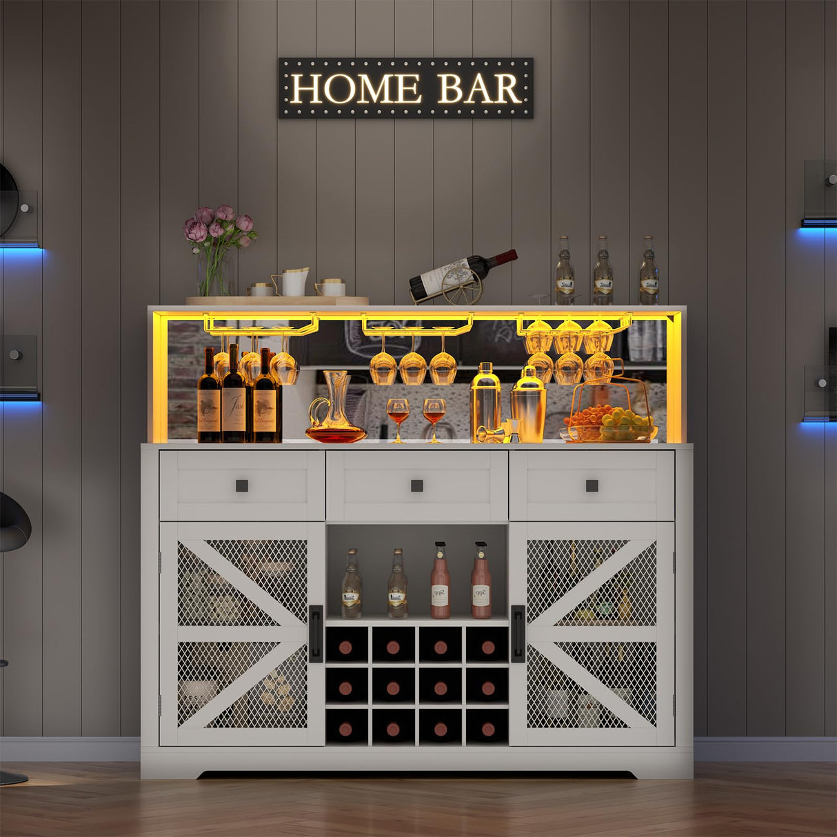 Gyfimoie Farmhouse Wine Bar Cabinet with LED Lights, Kitchen Coffee Bar Cabinet with Acrylic Mirror, Wine & Glass Rack, Storage Shelves and 3 Drawers (Signle Hutch) Gyfimoie