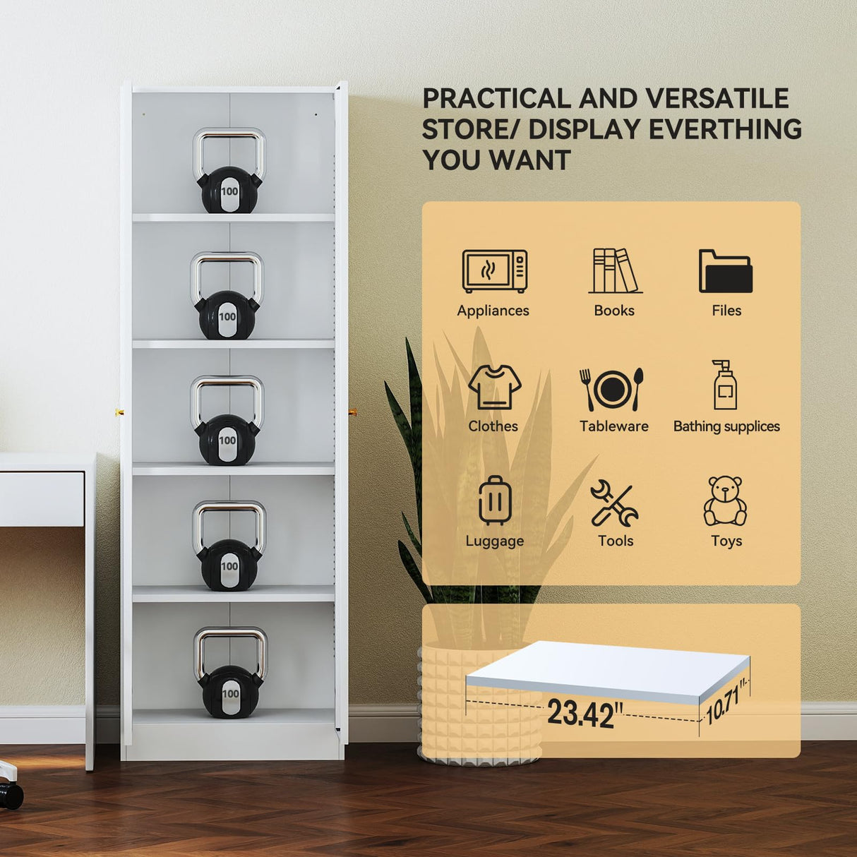 IRONMIX White Bookcase with Doors, 5 Tier Bookshelf, Tall Bookshelf with Storage, Modern Display Cases for Collectibles, 70.87" Display Cabinet with Doors Curio Cabinet for Home Office Library IRONMIX