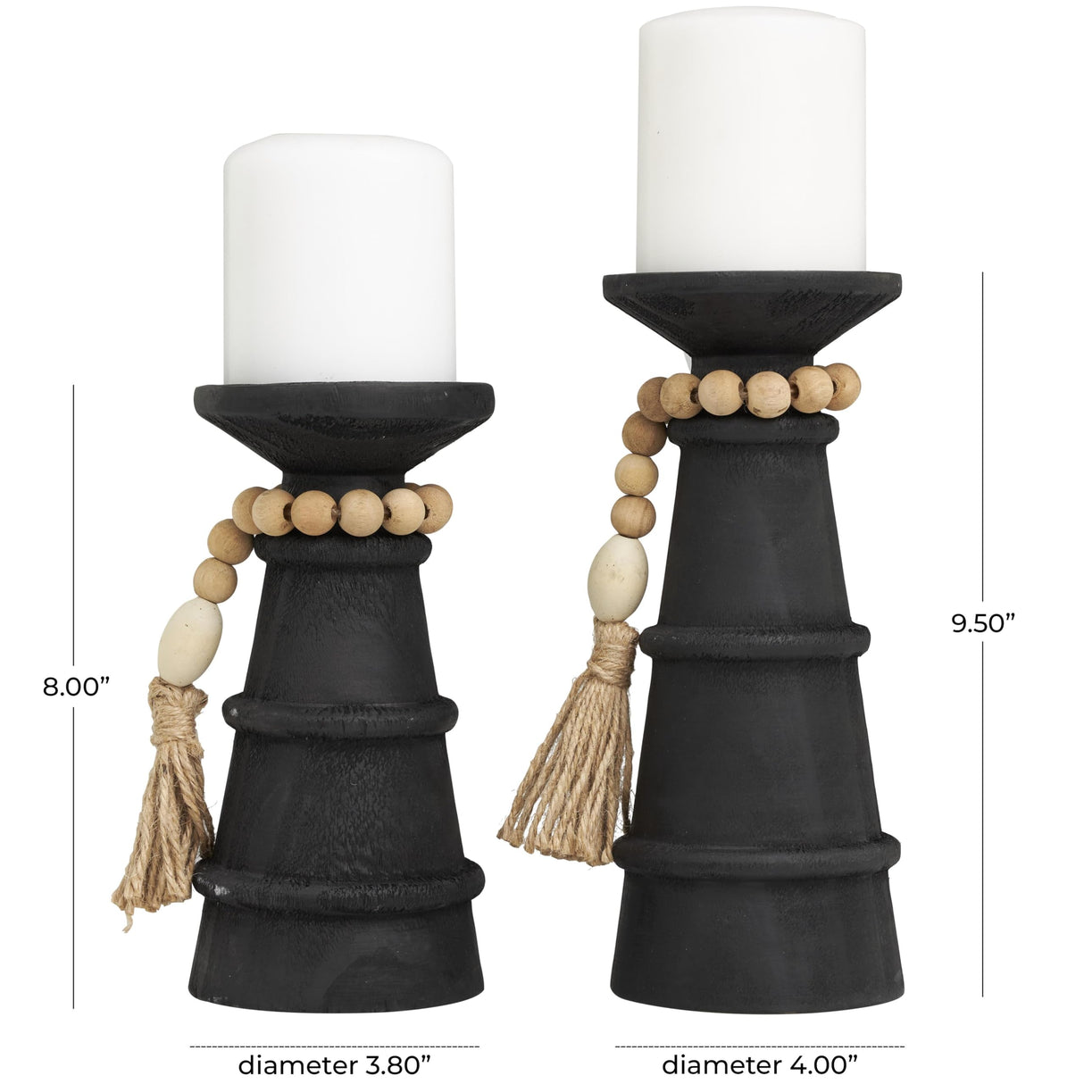 Deco 79 Wood Handmade Decorative Candle Holder Textured Matte Candle Stand with Beaded Garland Accent, Set of 2 Candlestick Holder 10", 8" H, Black Deco 79
