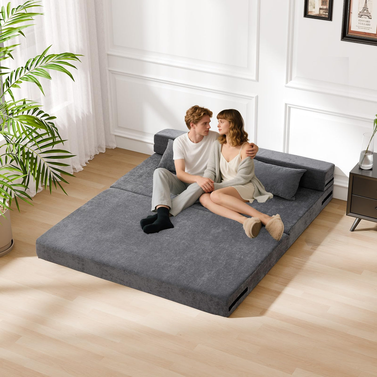 HOMFINE Folding Sofa Bed - Convertible Sleeper Chair with Pillow, Fold Out Couch, Memory Foam Floor Mattress, Futon Couch, Lazy Sofa for Living Room/Dorm/Guest Room/Home Office, Grey, Queen Size HOMFINE