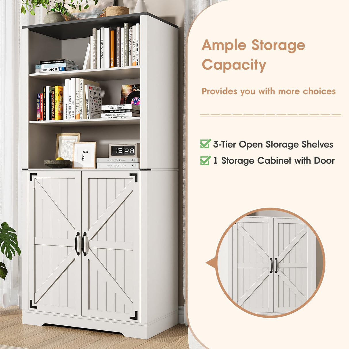 Maupvit 67" White Tall Bookshelf and Bookcase with Doors, 5-Tier Farmhouse Book Shelf with Storage Cabinet, Open Display Shelves, Wood Large Book Storage Cabinet for Living Room, Study, Kitchen, Home Maupvit