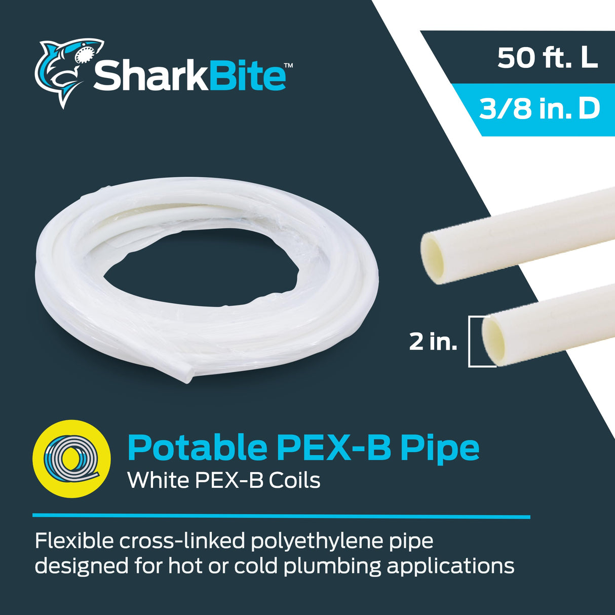 SharkBite 3/8 Inch x 50 Feet White PEX-B, PEX Pipe Flexible Water Tubing for Plumbing, U855W50 SharkBite