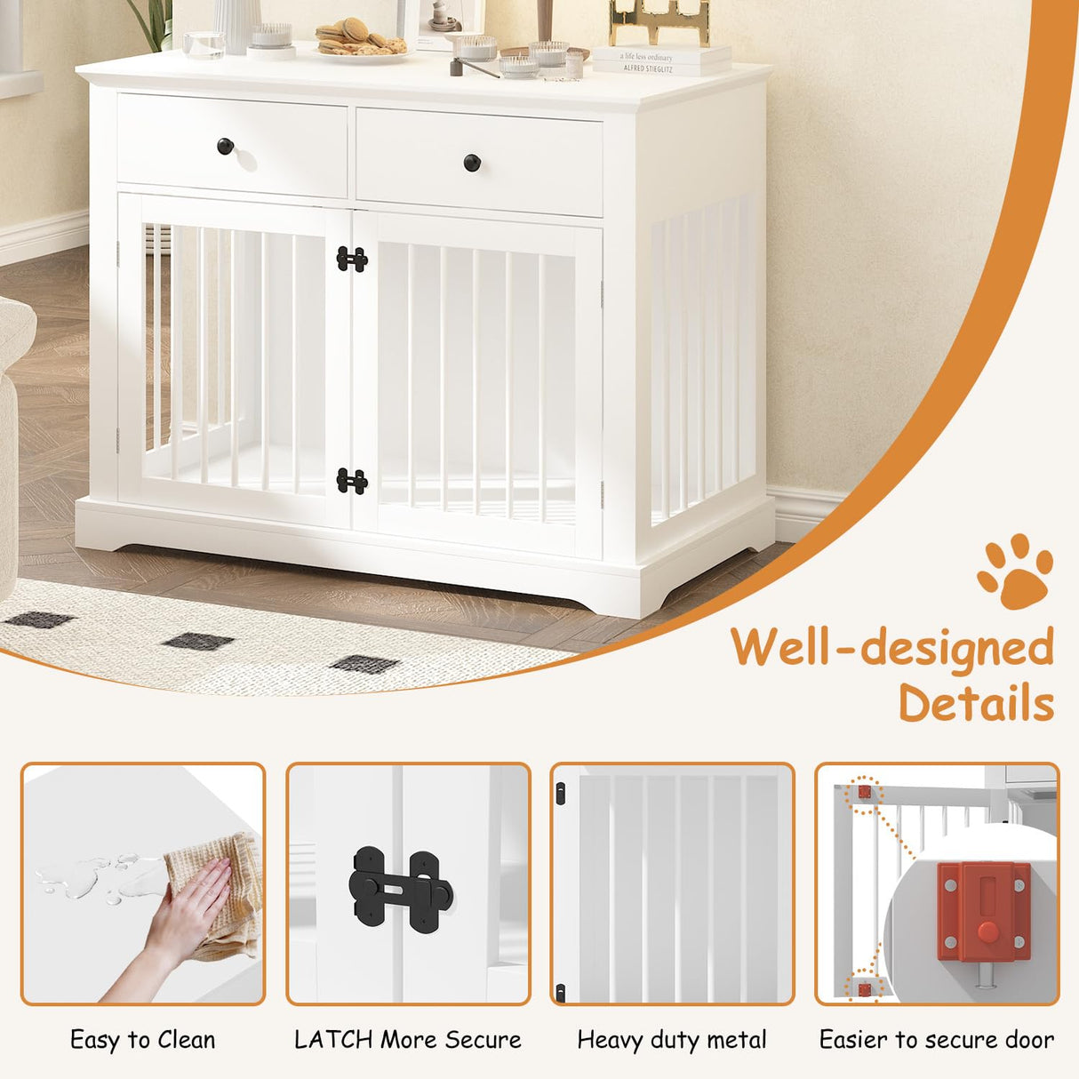 PRETZI Dog Crate Furniture, 44 Inch Wooden Dog Kennel Indoor with 2 Storage Drawers, Heavy Duty Large Crate Furniture, Decorative End Table Cage Furniture for Small/Medium/Large (White) PRETZI
