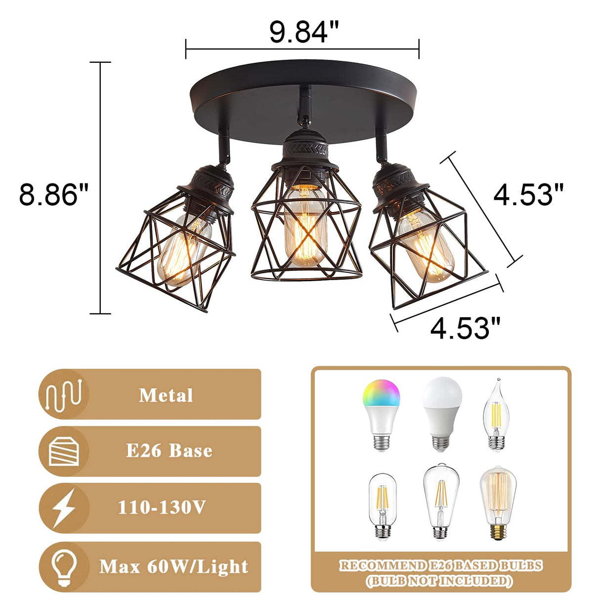 ABEAJAT Kitchen Light Fixtures, Adjustable Semi Flush Mount Ceiling Light with E26 Base, Multi-Directional Lamp for Kitchen, Hallway, Dining Room, Farmhouse, Entryway ABEAJAT
