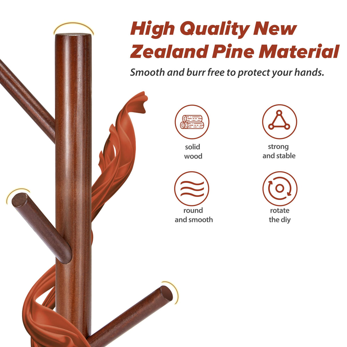 Azaeahom Wooden Coat Rack Stand, Free Standing Coat Rack with 8 Hooks 3 Adjustable Heights for Clothes, Hats, Handbags, Coat Tree Easy Assembly for Entryway, Bedroom, Hallway, Office (New Brown) Azaeahom