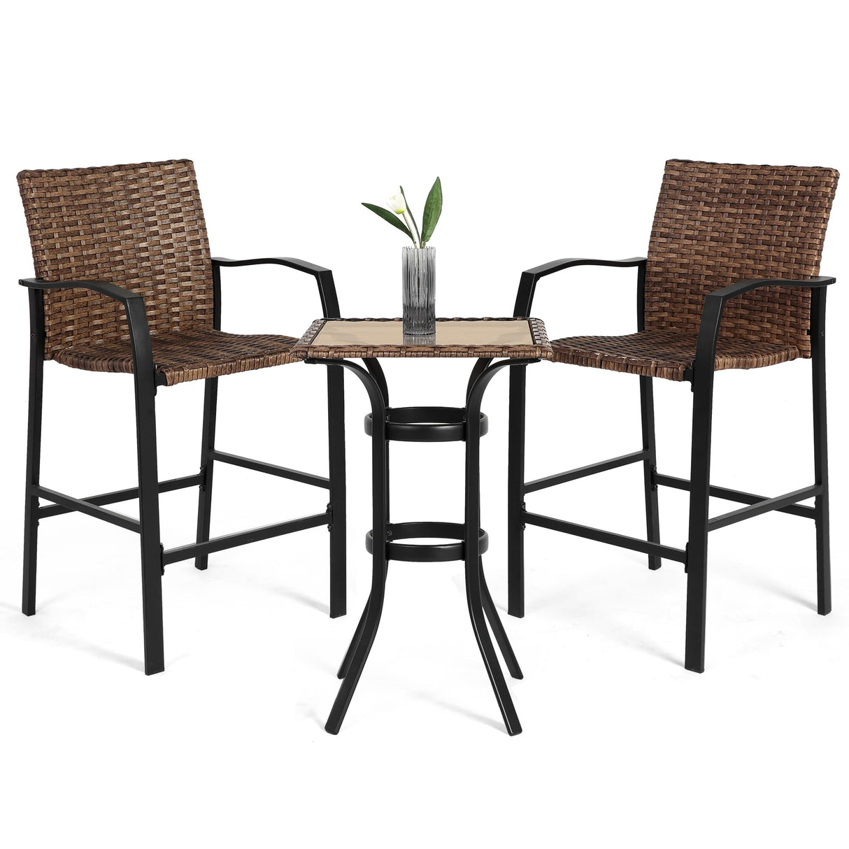 Villeston 3 Piece Outdoor Wicker Bar Stools Set, 2 Height Chairs and 1 Pub Table for Patio Bistro Poolside Dining, Woven Rattan High Top Furniture, Brown Villeston