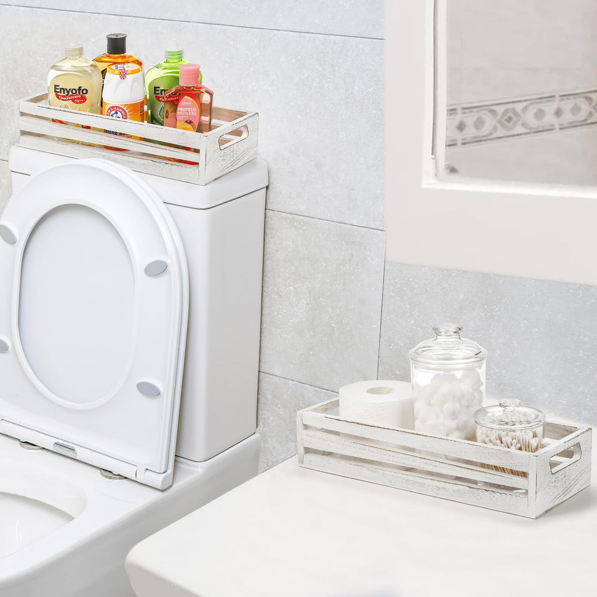 Noamus 2 Pack Bathroom Decor Box, Wooden Toilet Paper Holder, White Toilet Storage Basket, Toilet Tissue Tray with Handles for Home Decor, Farmhouse Tank Topper, Bathroom Kitchen Counter(2 Size) Noamus