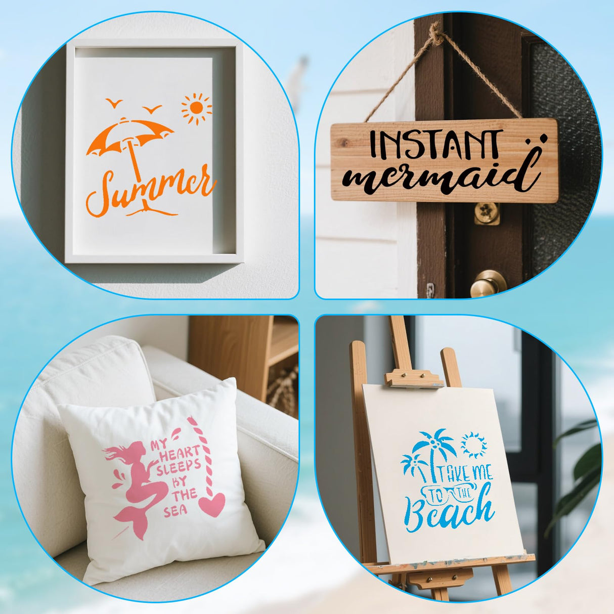 16pcs Beach Theme Stencils for Painting, 8in Reusable Plastic Ocean Stencils Perfect for DIY Summer Beach Art on Wood Fabric and Walls Tinoaly