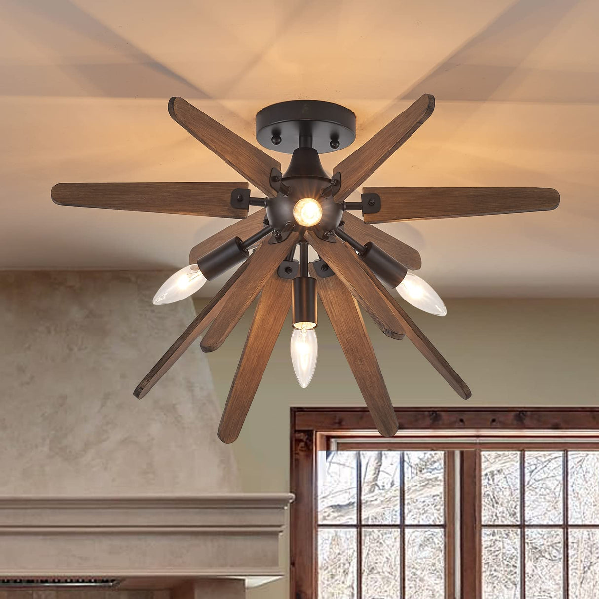 VANZARLA 4-Light Sputnik Semi Flush Mount Light Black, Wood Hallway Lights, Farmhouse Light Fixture for Kitchen, Rustic Close to Ceiling Light Fixture for Entryway Laundry Nursery Bedroom VANZARLA