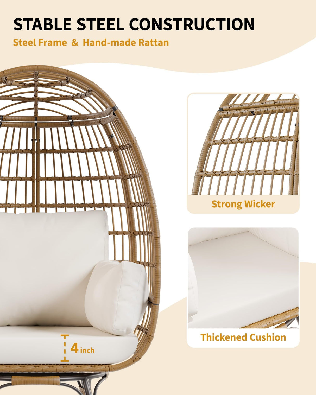 GAOMON 360 Swivel Wicker Egg Chair, Indoor Outdoor Rattan Lounge Chairs with Cushions for Indoor Living Room Bedroom Outside Patio Backyard Balcony GAOMON
