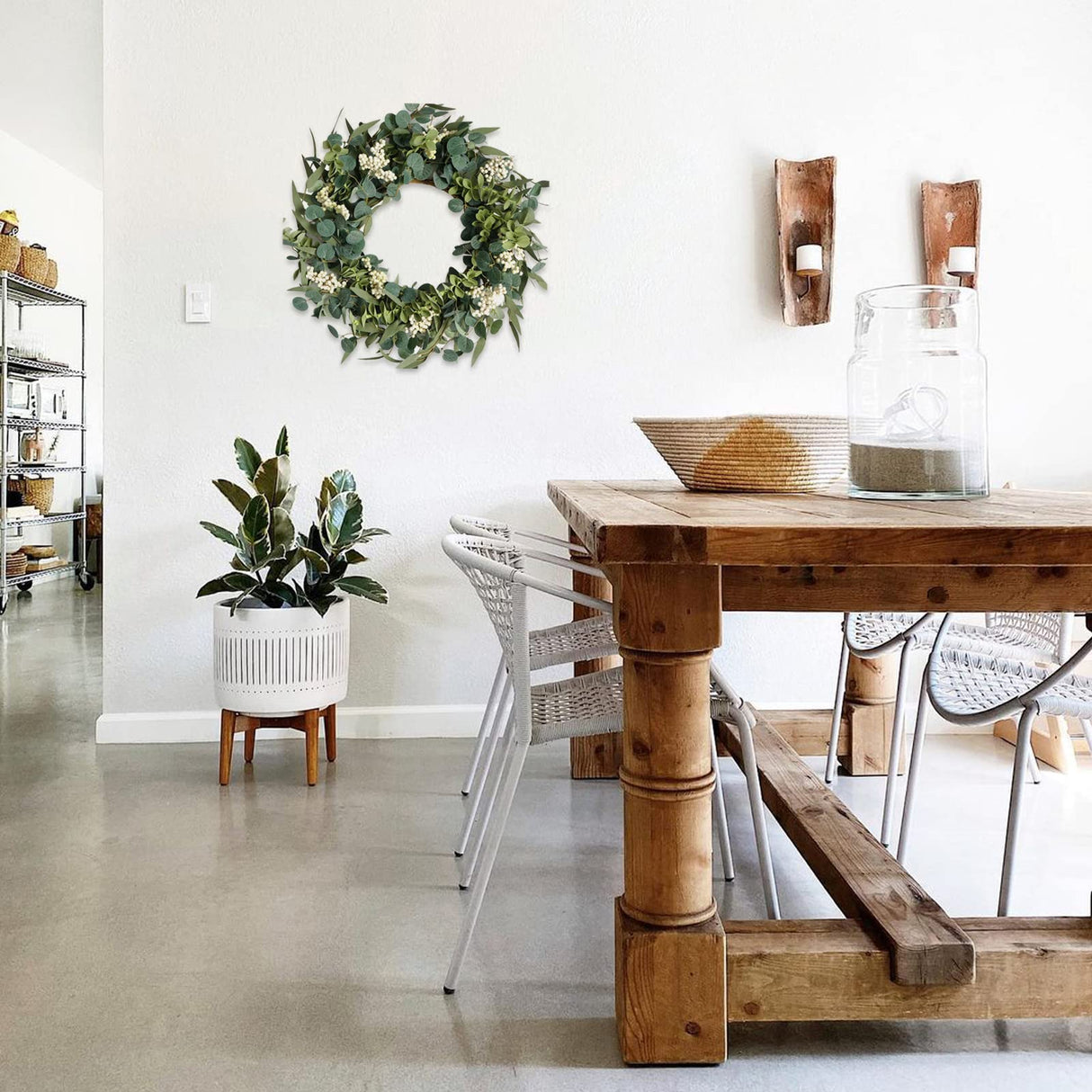 TEMPUS 20-Inch Artificial Eucalyptus Wreath Handmade Spring Summer Door Hanging, Farmhouse Wall Decor, Wedding Gift, Outdoor-Friendly Green Leaf Wreath TEMPUS