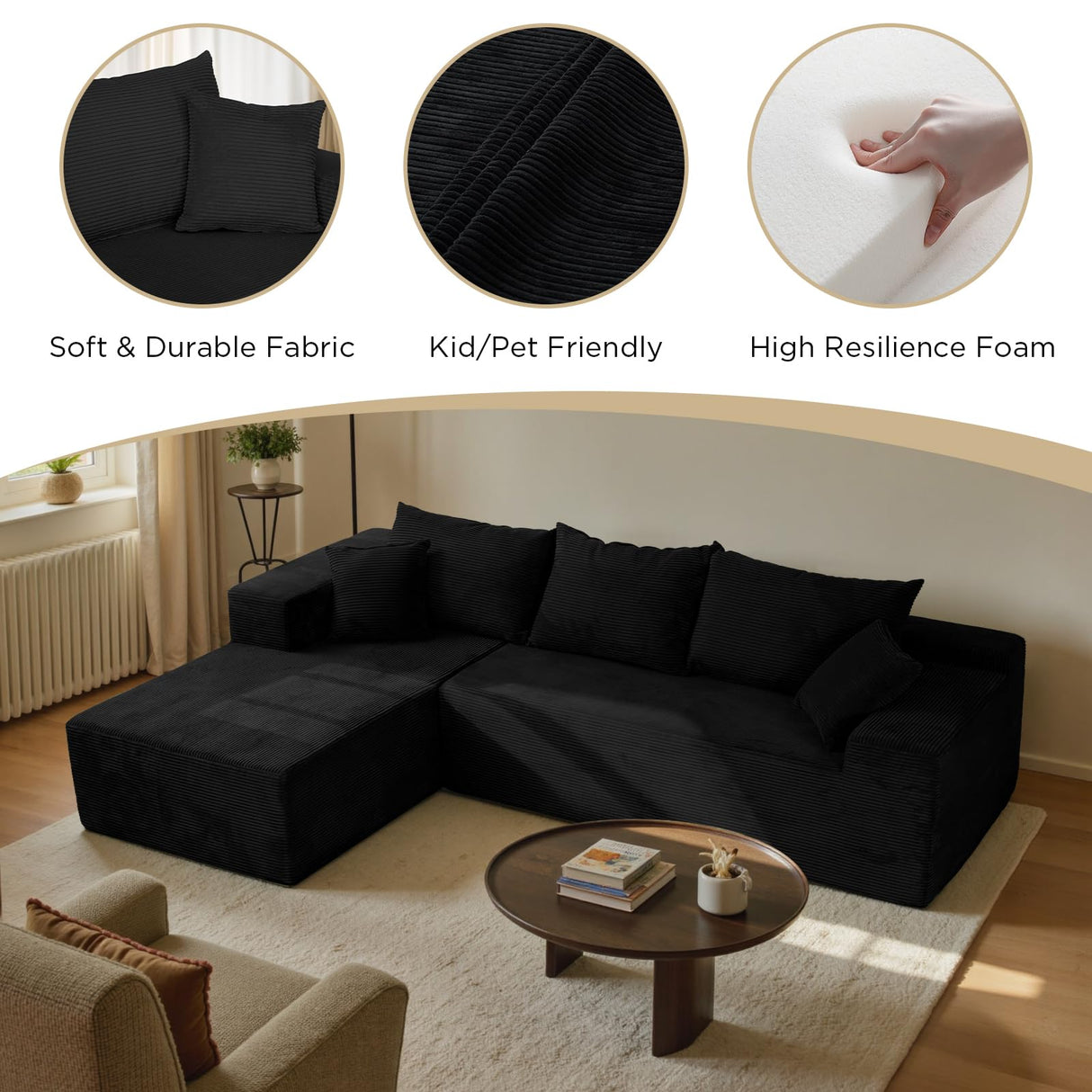 Black Sectional Couches for Living Room, Boneless Couch with L-Shape Chaise, Modular Sofa in Box with Deep Seat, No Assembly Required SIMTONAL