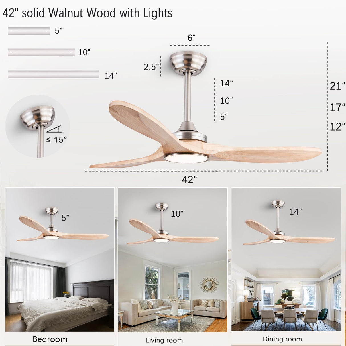 QUTWOB 42" Wood Ceiling Fans with Lights and Remote Control,Indoor Outdoor 3 Blades Wooden Ceiling Fan for Garage,Patio,Living Rooms,Bedrooms,Offices,Farmhouse(Nickel+Raw wood) QUTWOB