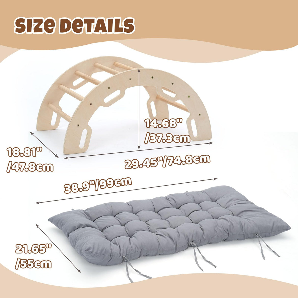 COSYLAND Kids Climber Arch Rocker with Cushion,Wooden Indoor Pikler Climbing Toys for Toddler with 4 Handrails On Each Side,Paintless Indoor Playground Arch Climbing Ladder (Natural) COSYLAND